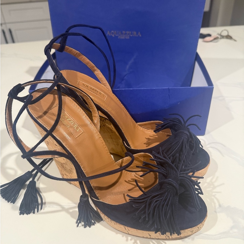 Aquazzura Dark Blue Wedge Sandals with Tassels